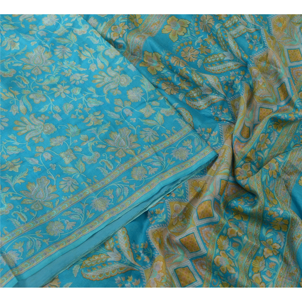 Sanskriti Vintage Sarees Blue 100% Pure Silk Printed Sari 5yd Soft Craft Fabric