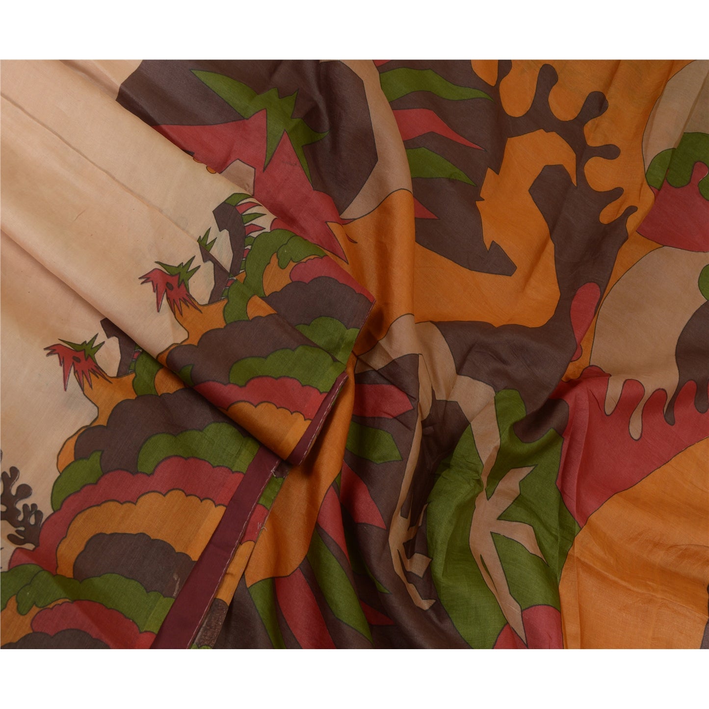 Sanskriti Vintage Sarees Light-Brown 100% Pure Silk Printed Sari Craft Sustainable Fabric