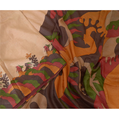 Sanskriti Vintage Sarees Light-Brown 100% Pure Silk Printed Sari Craft Sustainable Fabric