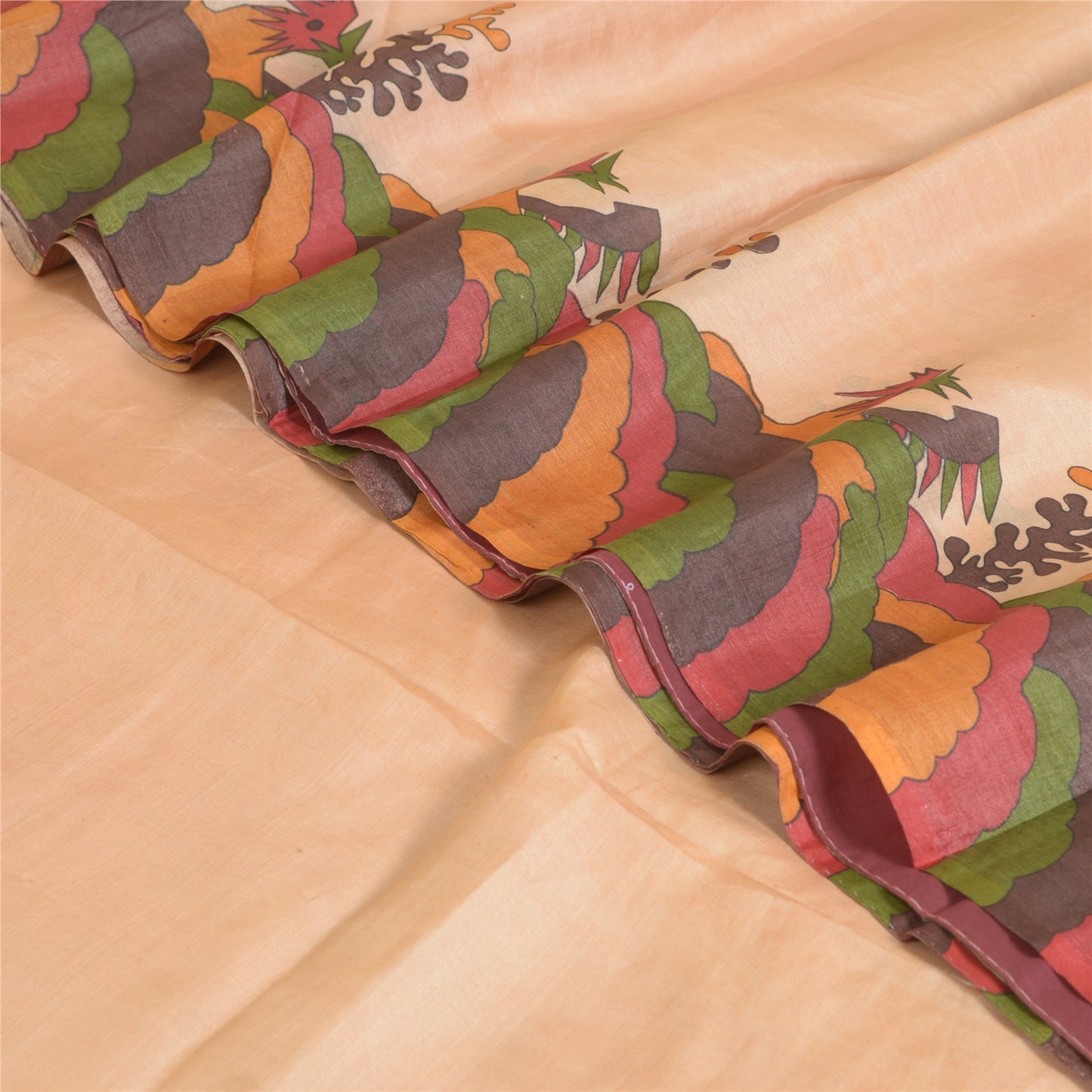 Sanskriti Vintage Sarees Light-Brown 100% Pure Silk Printed Sari Craft Sustainable Fabric