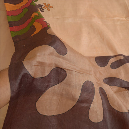 Sanskriti Vintage Sarees Light-Brown 100% Pure Silk Printed Sari Craft Sustainable Fabric