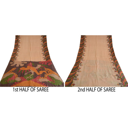 Sanskriti Vintage Sarees Light-Brown 100% Pure Silk Printed Sari Craft Sustainable Fabric