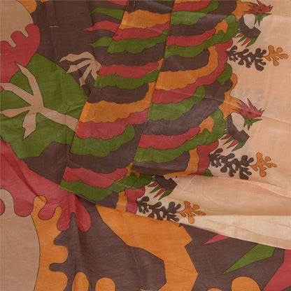 Sanskriti Vintage Sarees Light-Brown 100% Pure Silk Printed Sari Craft Sustainable Fabric