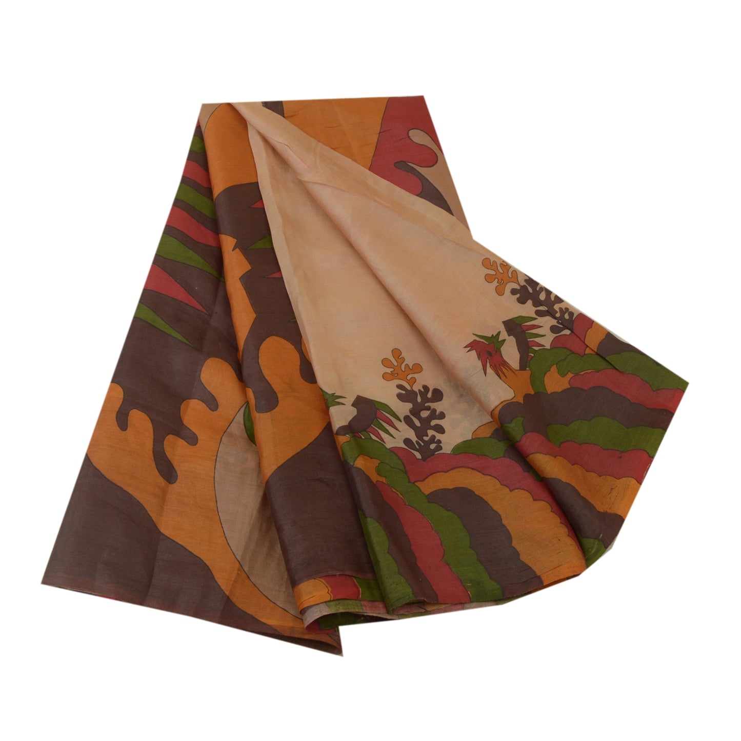 Sanskriti Vintage Sarees Light-Brown 100% Pure Silk Printed Sari Craft Sustainable Fabric