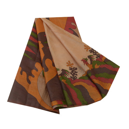 Sanskriti Vintage Sarees Light-Brown 100% Pure Silk Printed Sari Craft Sustainable Fabric