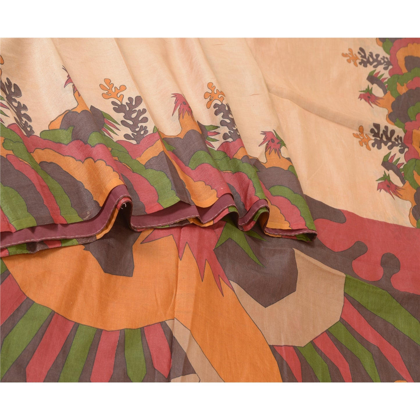 Sanskriti Vintage Sarees Light-Brown 100% Pure Silk Printed Sari Craft Sustainable Fabric