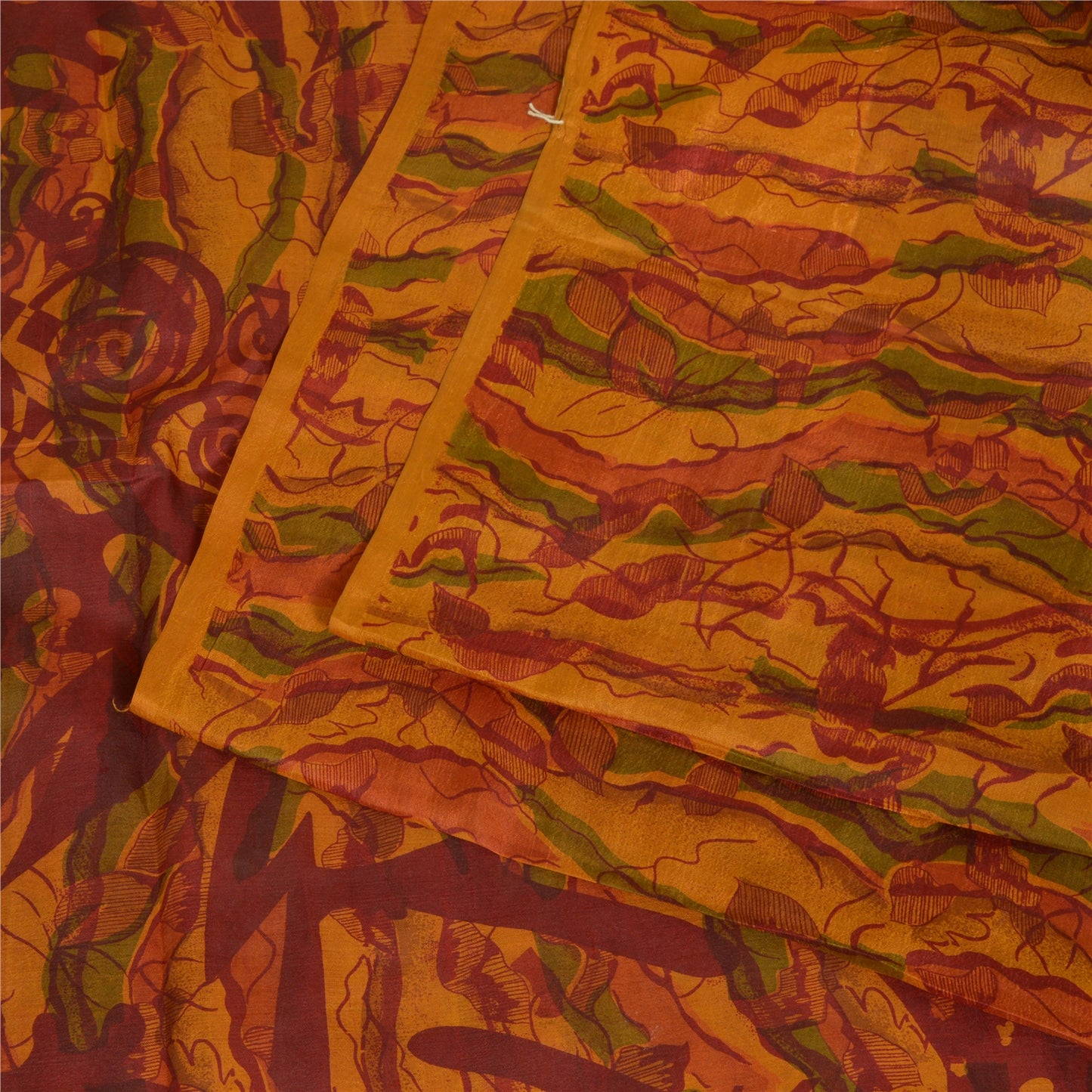 Sanskriti Vintage Sarees Indian Saffron Pure Silk Printed Sari 5yd Craft Sustainable Fabric