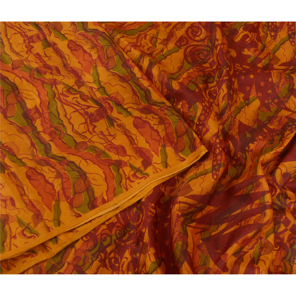 Sanskriti Vintage Sarees Indian Saffron Pure Silk Printed Sari 5yd Craft Sustainable Fabric