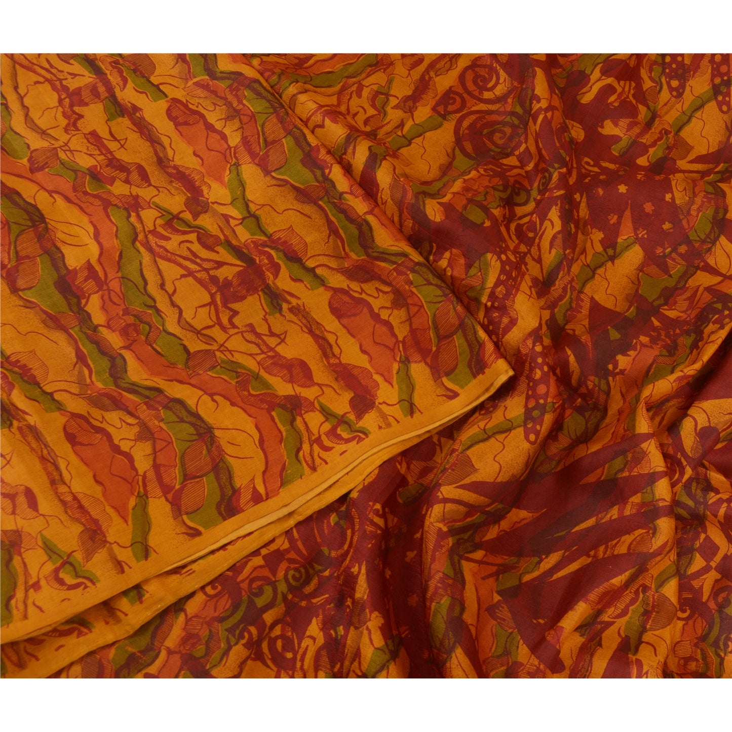 Sanskriti Vintage Sarees Indian Saffron Pure Silk Printed Sari 5yd Craft Sustainable Fabric