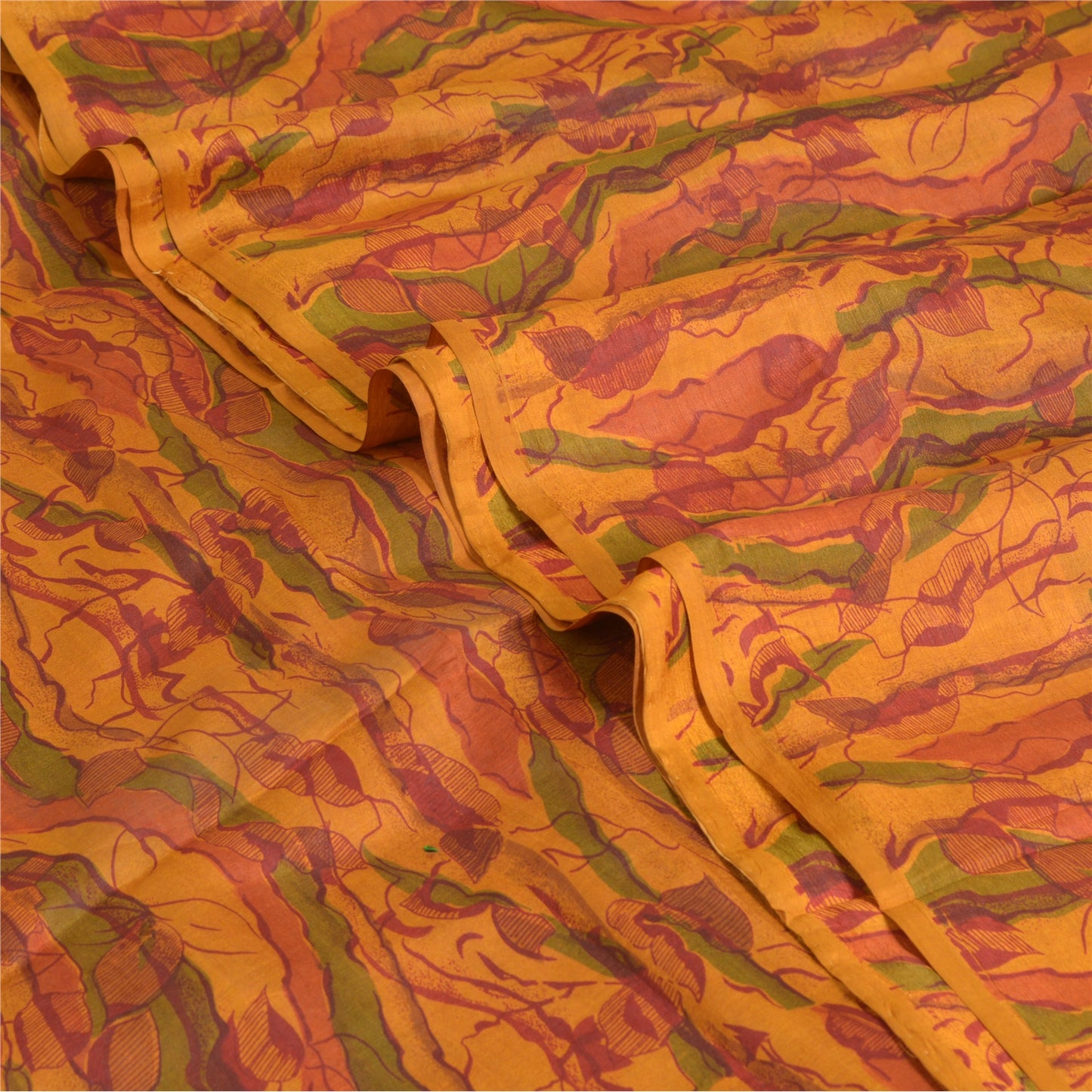 Sanskriti Vintage Sarees Indian Saffron Pure Silk Printed Sari 5yd Craft Sustainable Fabric