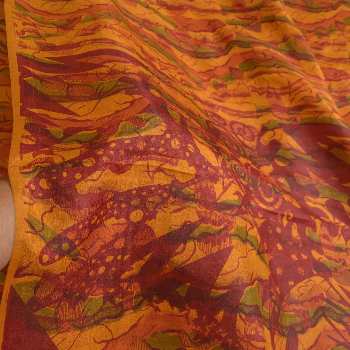 Sanskriti Vintage Sarees Indian Saffron Pure Silk Printed Sari 5yd Craft Sustainable Fabric