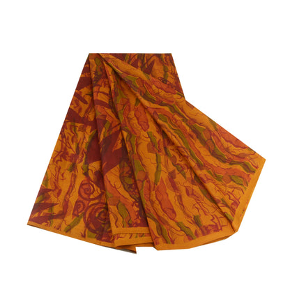 Sanskriti Vintage Sarees Indian Saffron Pure Silk Printed Sari 5yd Craft Sustainable Fabric