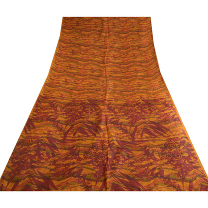 Sanskriti Vintage Sarees Indian Saffron Pure Silk Printed Sari 5yd Craft Sustainable Fabric