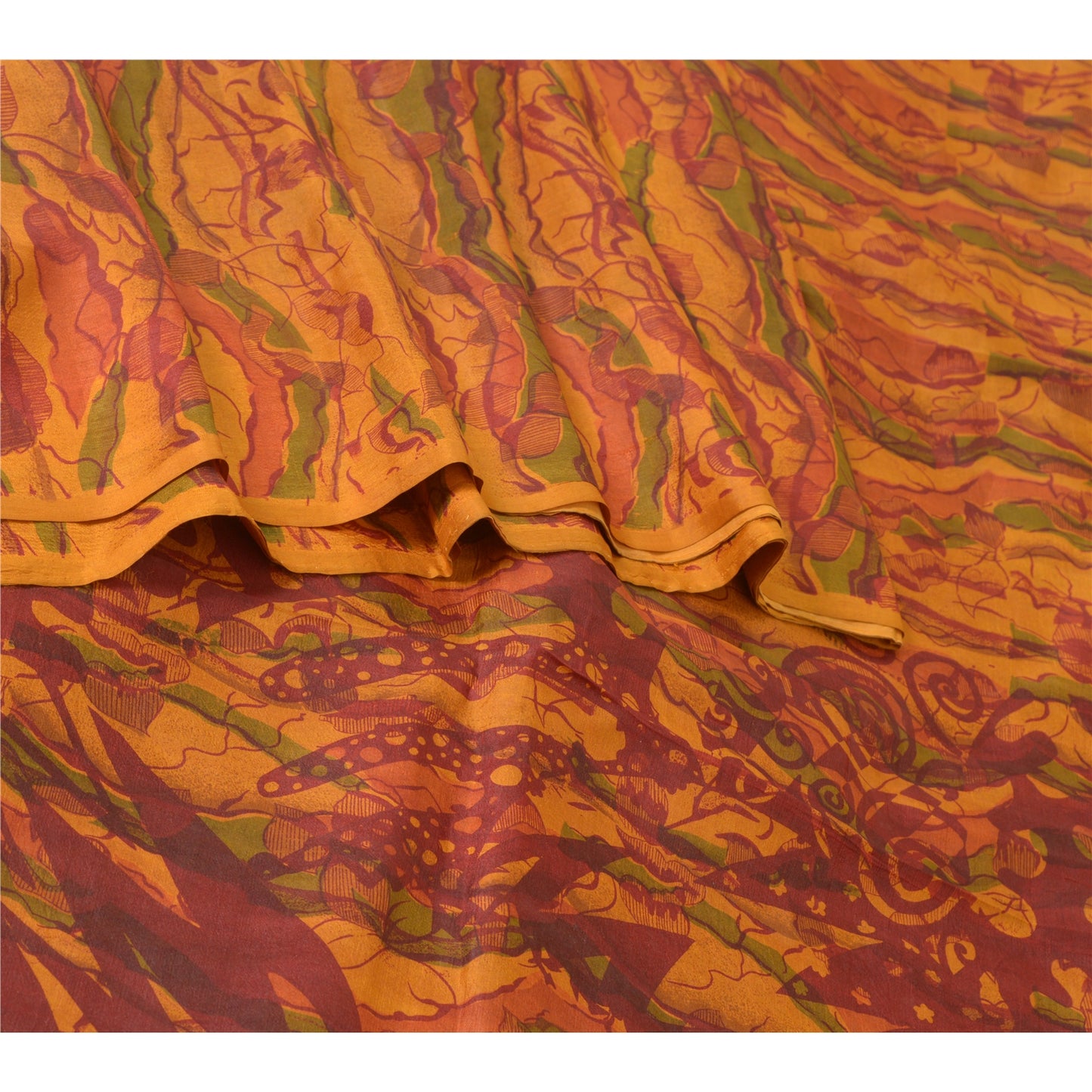 Sanskriti Vintage Sarees Indian Saffron Pure Silk Printed Sari 5yd Craft Sustainable Fabric