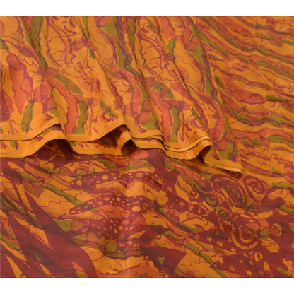Sanskriti Vintage Sarees Indian Saffron Pure Silk Printed Sari 5yd Craft Sustainable Fabric