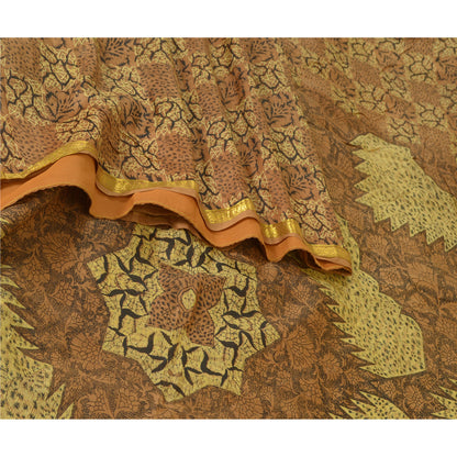 Sanskriti Vintage Sarees Brown Zari Border Pure Silk Printed Sari Craft Sustainable Fabric