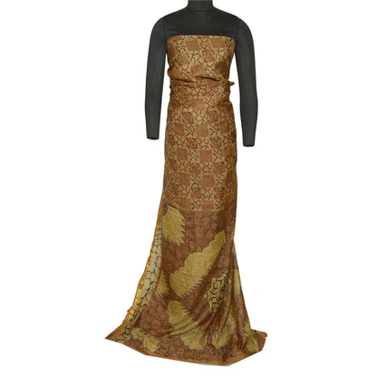 Sanskriti Vintage Sarees Brown Zari Border Pure Silk Printed Sari Craft Sustainable Fabric