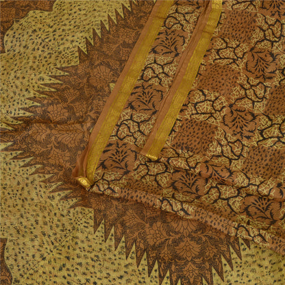 Sanskriti Vintage Sarees Brown Zari Border Pure Silk Printed Sari Craft Sustainable Fabric
