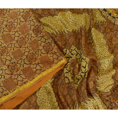 Sanskriti Vintage Sarees Brown Zari Border Pure Silk Printed Sari Craft Sustainable Fabric