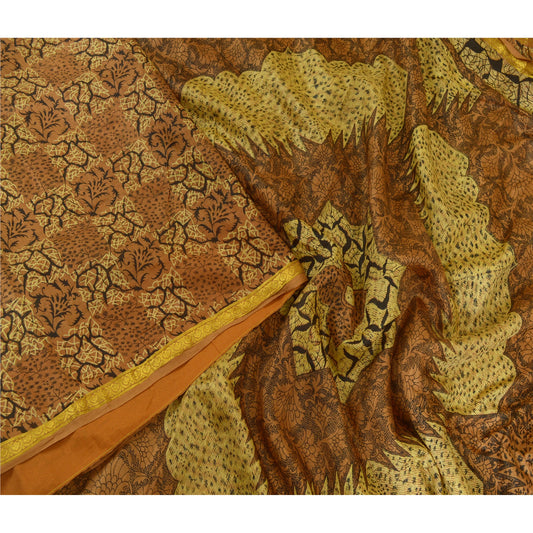 Sanskriti Vintage Sarees Brown Zari Border Pure Silk Printed Sari Craft Sustainable Fabric
