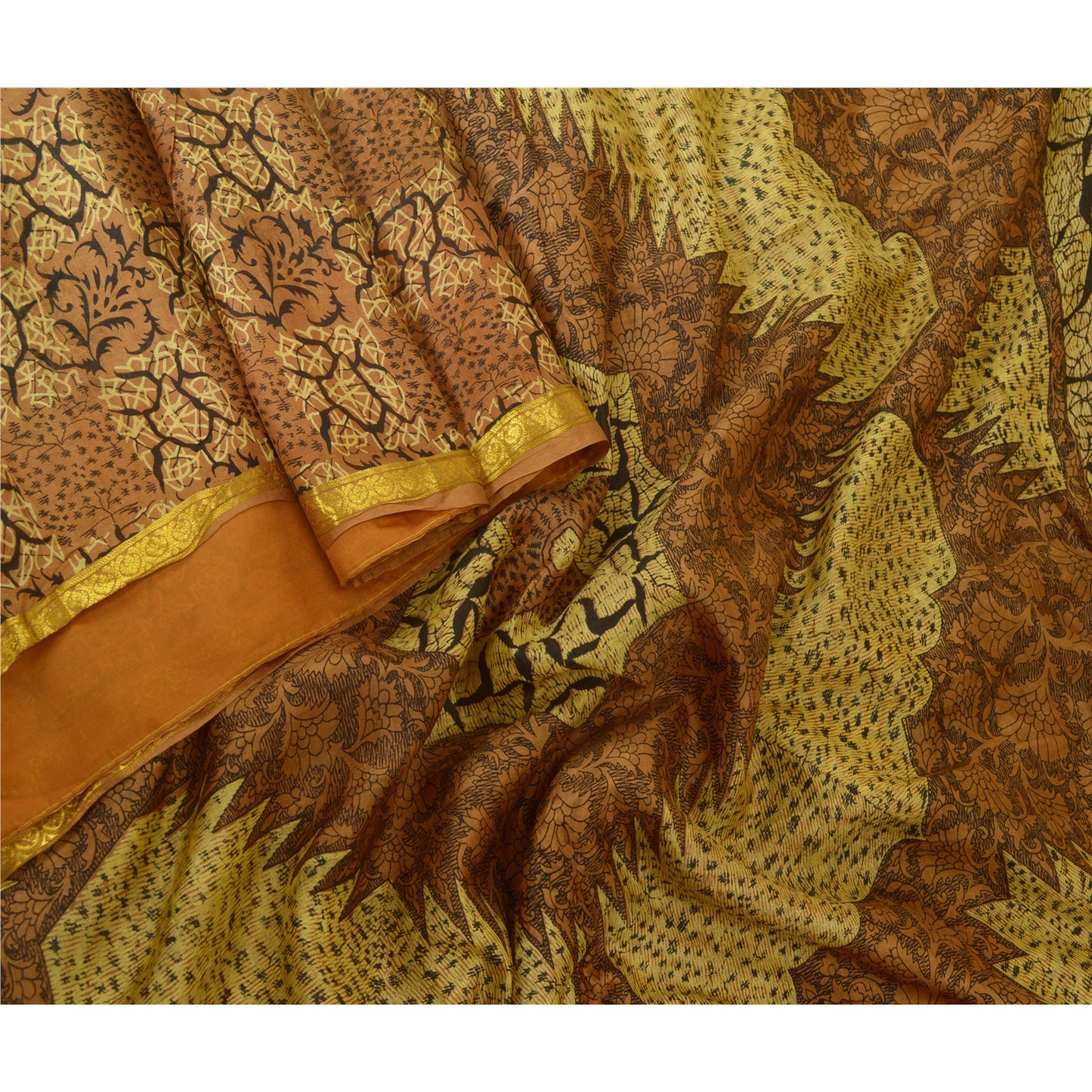 Sanskriti Vintage Sarees Brown Zari Border Pure Silk Printed Sari Craft Sustainable Fabric
