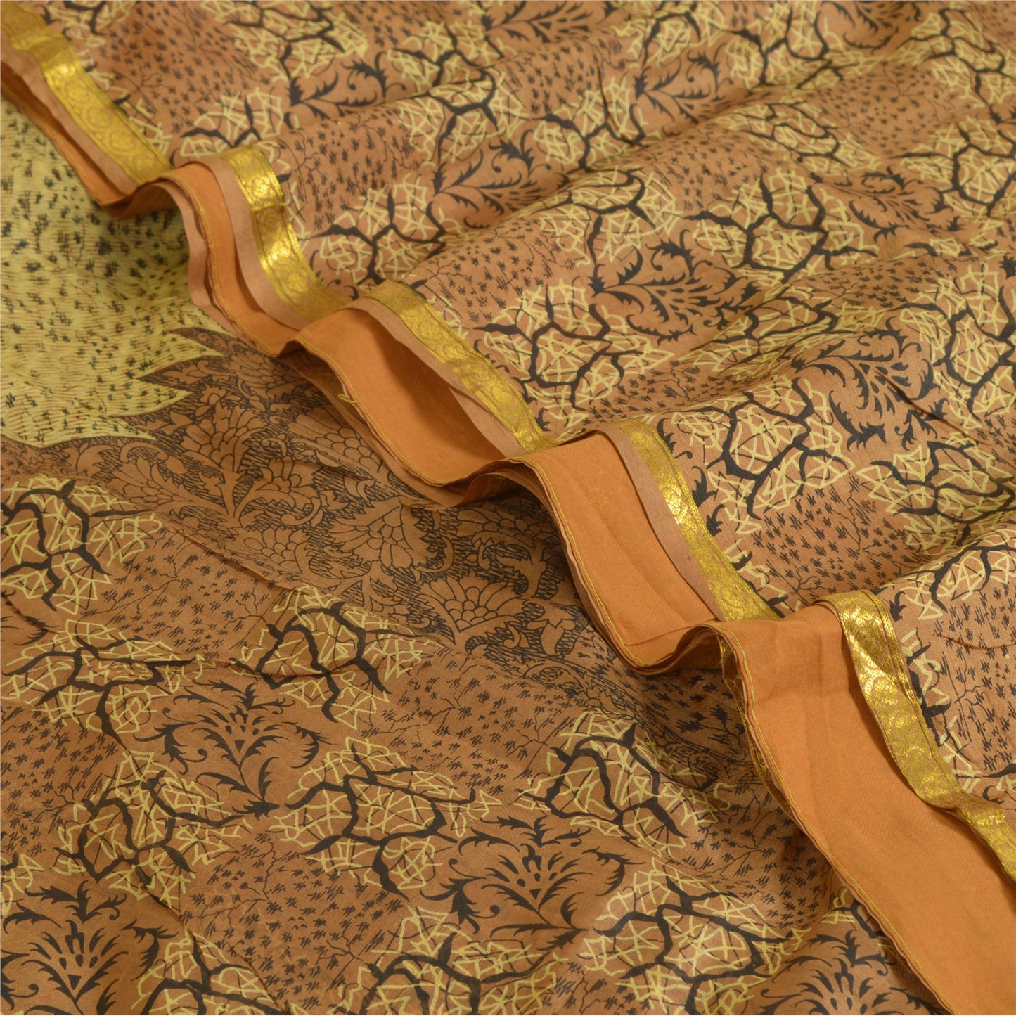 Sanskriti Vintage Sarees Brown Zari Border Pure Silk Printed Sari Craft Sustainable Fabric