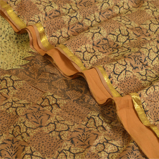 Sanskriti Vintage Sarees Brown Zari Border Pure Silk Printed Sari Craft Sustainable Fabric