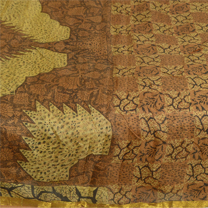 Sanskriti Vintage Sarees Brown Zari Border Pure Silk Printed Sari Craft Sustainable Fabric