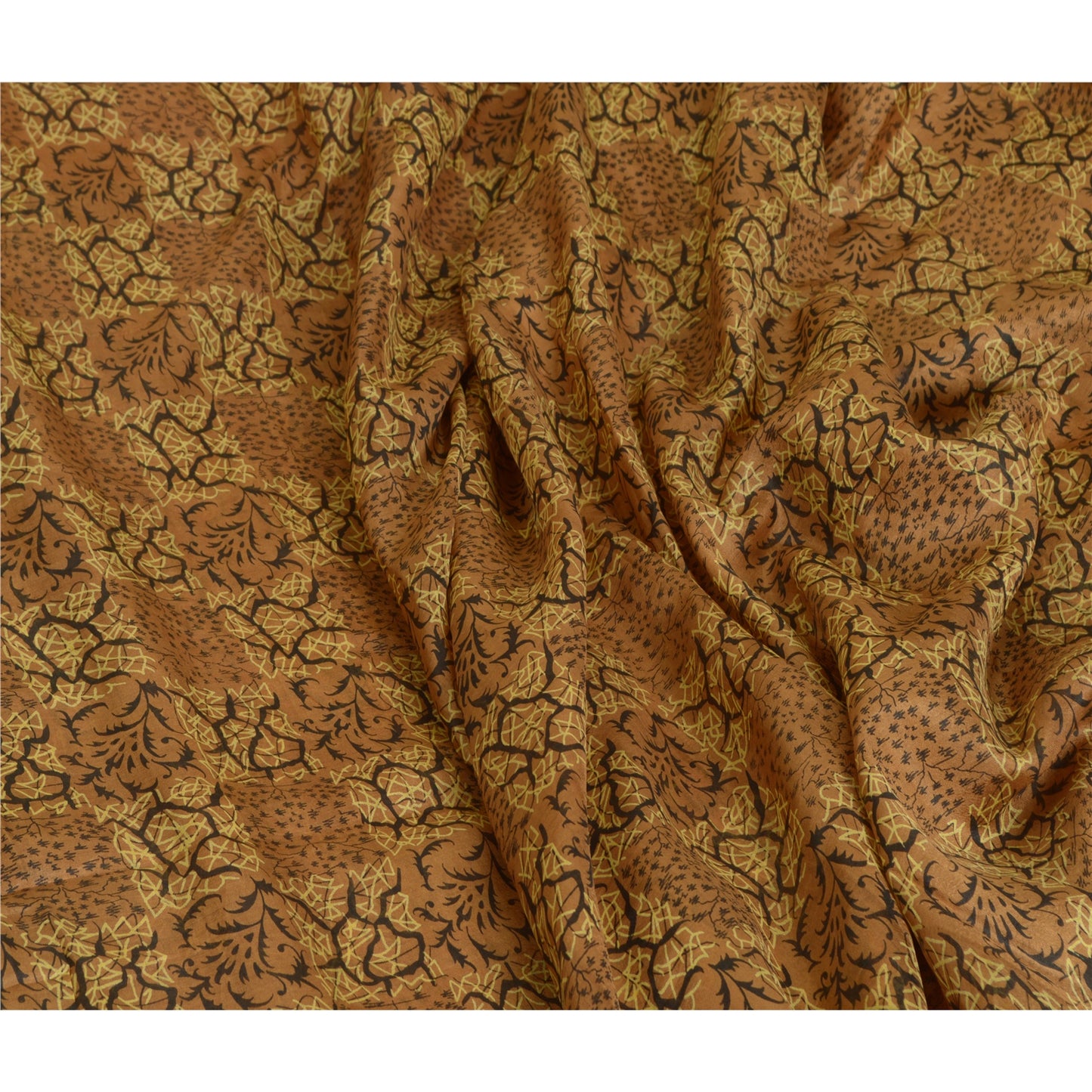 Sanskriti Vintage Sarees Brown Zari Border Pure Silk Printed Sari Craft Sustainable Fabric
