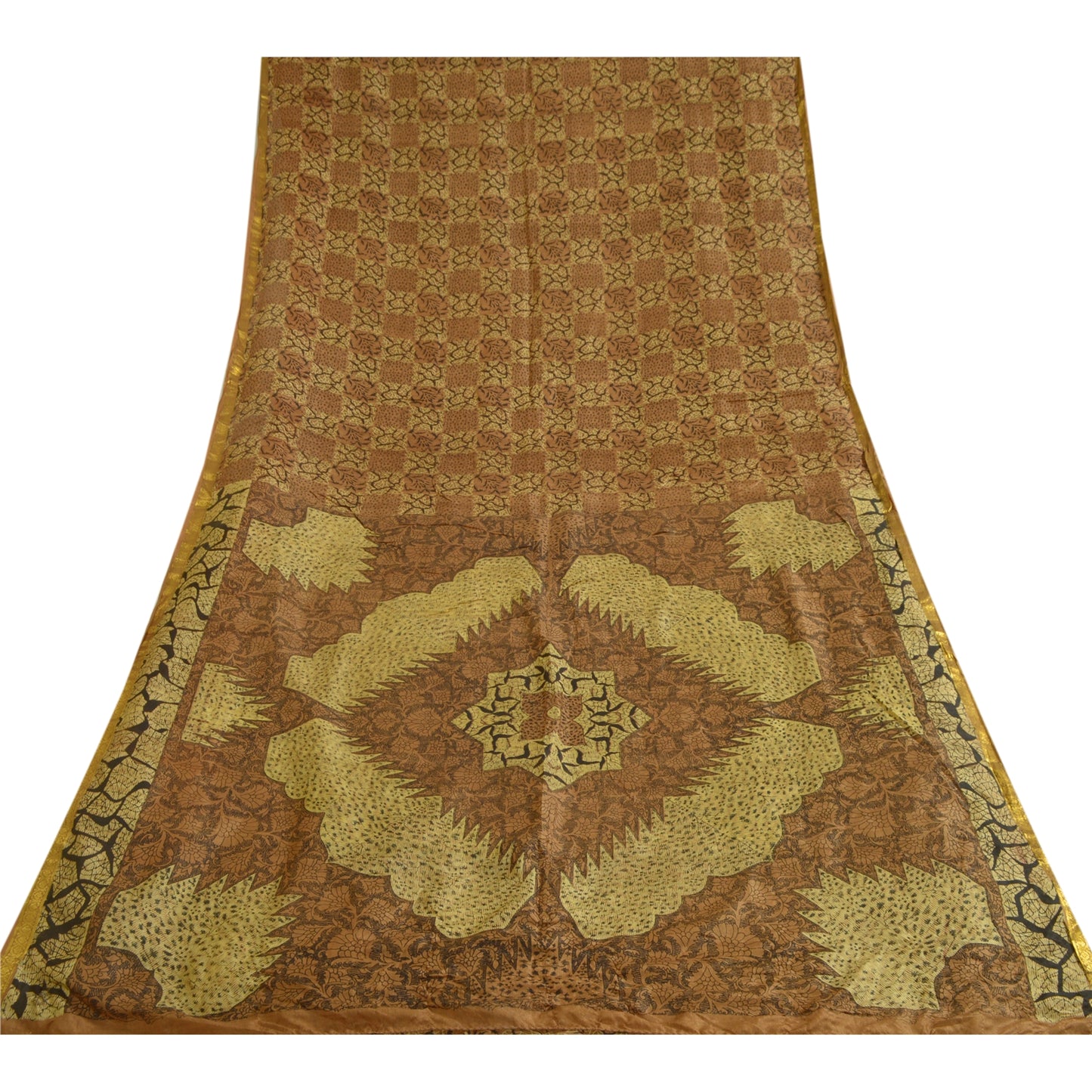 Sanskriti Vintage Sarees Brown Zari Border Pure Silk Printed Sari Craft Sustainable Fabric
