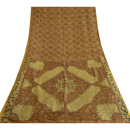 Sanskriti Vintage Sarees Brown Zari Border Pure Silk Printed Sari Craft Sustainable Fabric