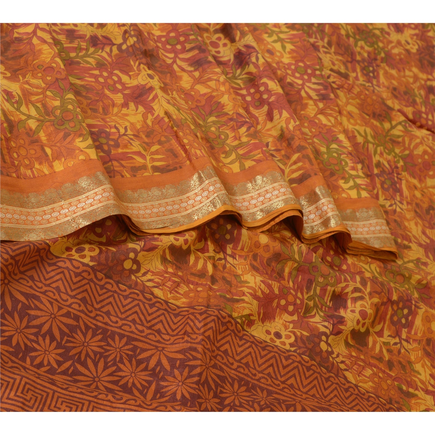 Sanskriti Vintage Sarees Multi Zari Border Pure Silk Printed Sari Craft Sustainable Fabric