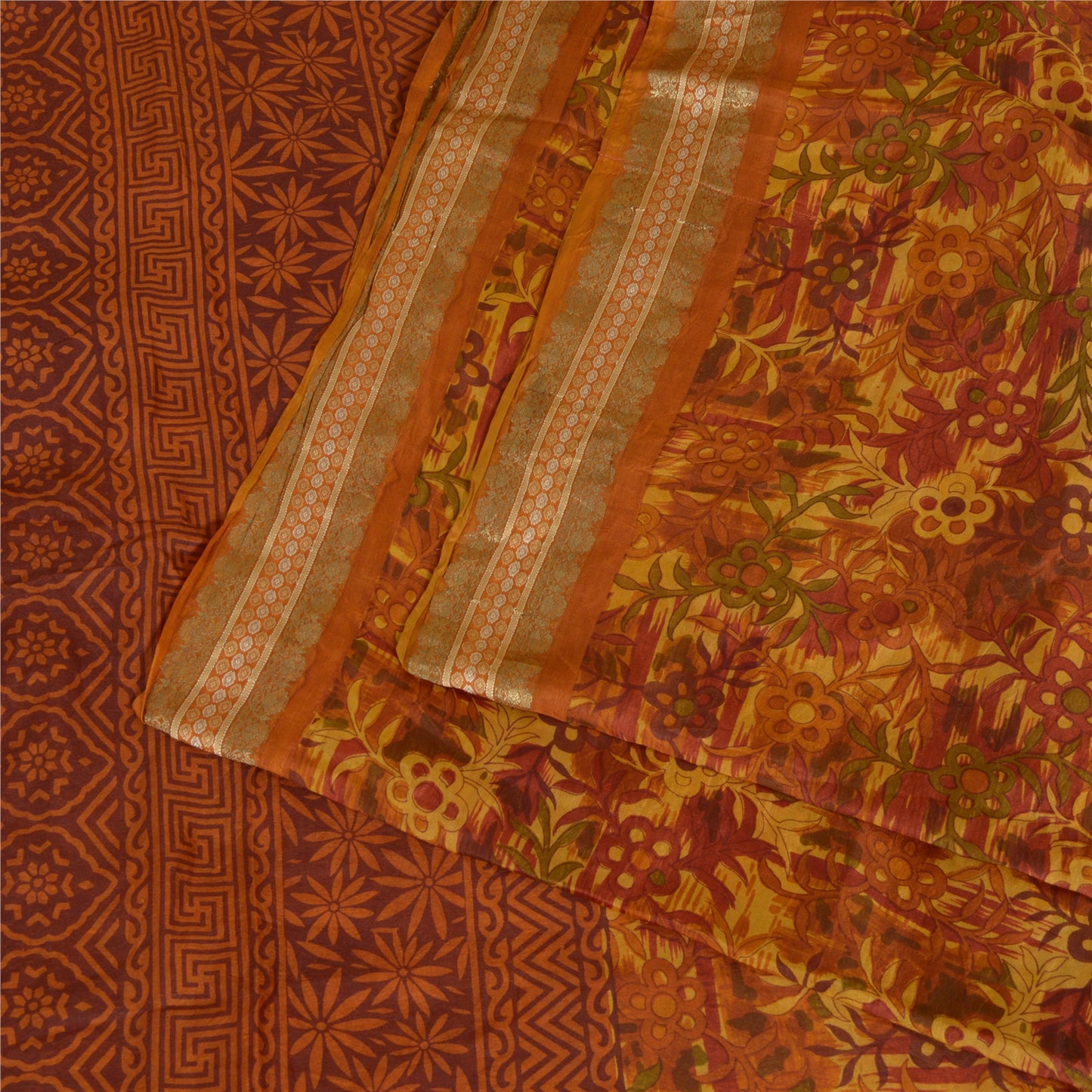 Sanskriti Vintage Sarees Multi Zari Border Pure Silk Printed Sari Craft Sustainable Fabric