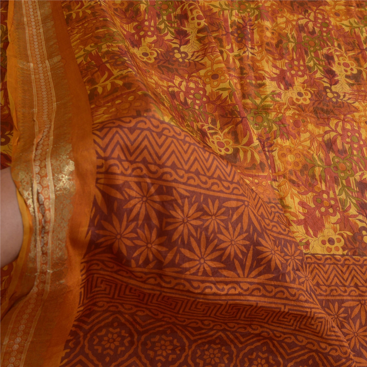 Sanskriti Vintage Sarees Multi Zari Border Pure Silk Printed Sari Craft Sustainable Fabric