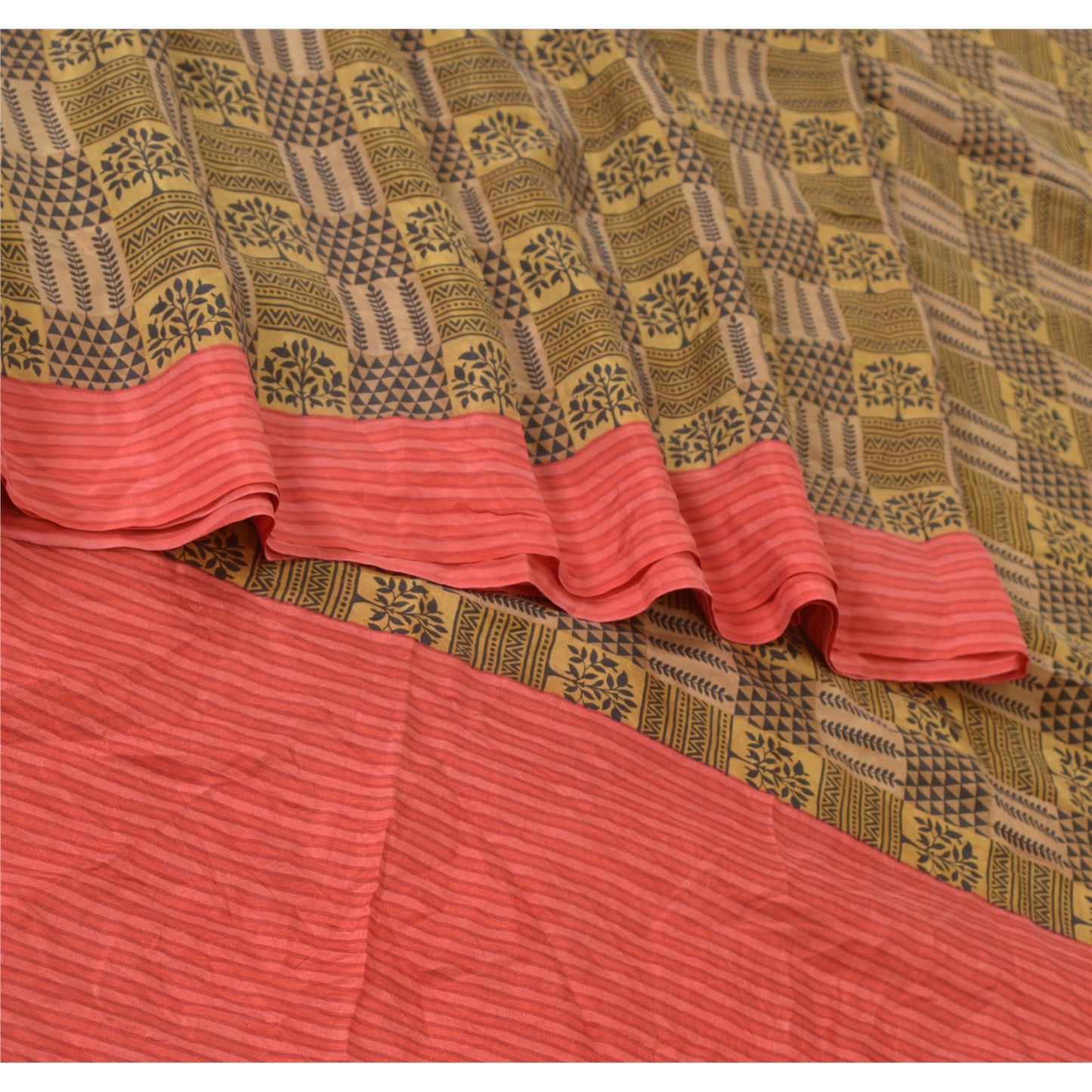 Sanskriti Vintage Sarees Cream/Black 100% Pure Silk Printed Sari Craft Sustainable Fabric