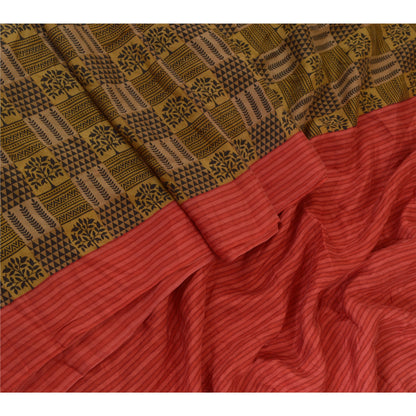 Sanskriti Vintage Sarees Cream/Black 100% Pure Silk Printed Sari Craft Sustainable Fabric