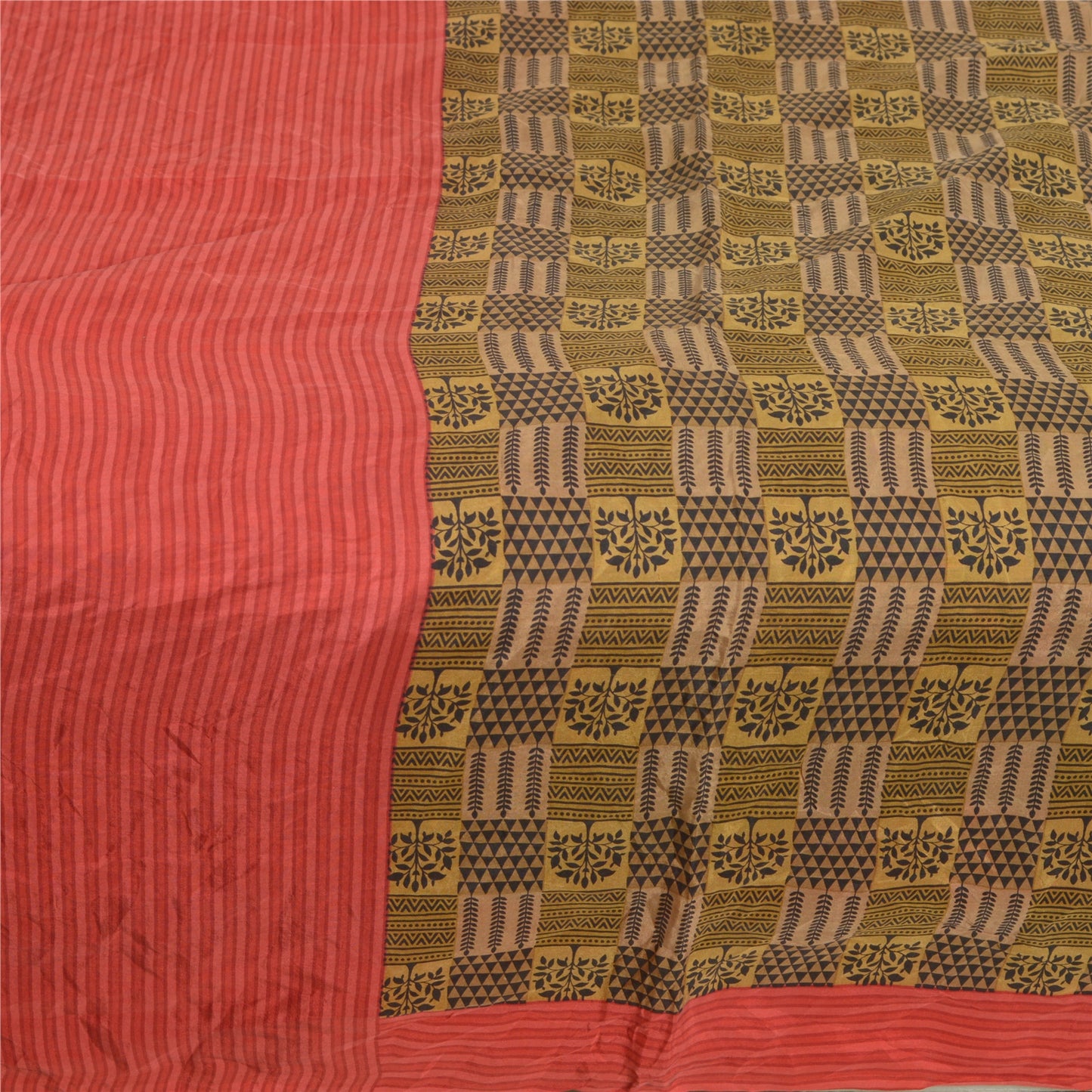 Sanskriti Vintage Sarees Cream/Black 100% Pure Silk Printed Sari Craft Sustainable Fabric