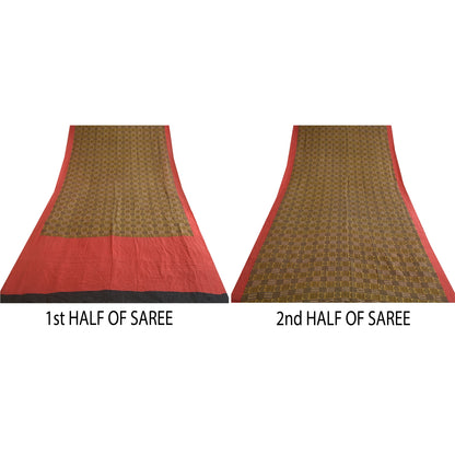 Sanskriti Vintage Sarees Cream/Black 100% Pure Silk Printed Sari Craft Sustainable Fabric