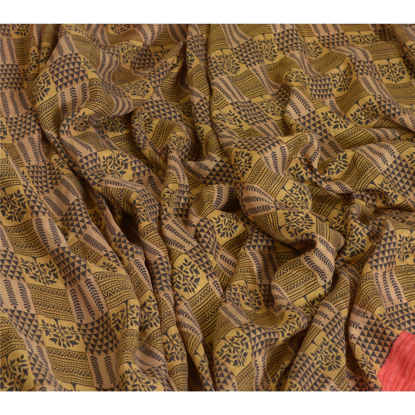 Sanskriti Vintage Sarees Cream/Black 100% Pure Silk Printed Sari Craft Sustainable Fabric