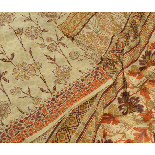 Санскритские винтажные сари из нежно-кремового чистого шелка с принтом, мягкая, 5-ярдовая ткань для рукоделия из экологически чистой ткани