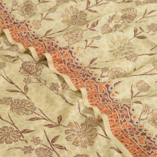 Санскритские винтажные сари из нежно-кремового чистого шелка с принтом, мягкая, 5-ярдовая ткань для рукоделия из экологически чистой ткани