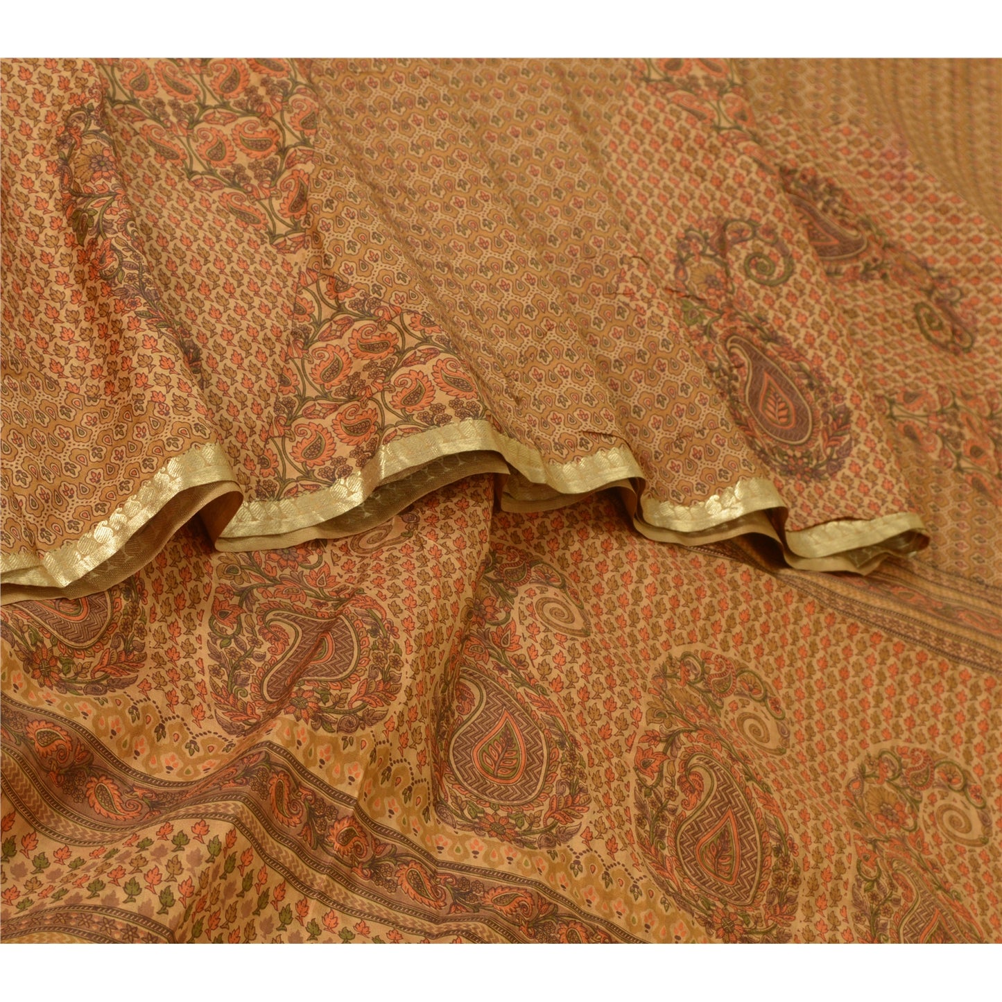 Sanskriti Vintage Sarees Saffron Zari Border Pure Silk Printed Sari Craft Sustainable Fabric