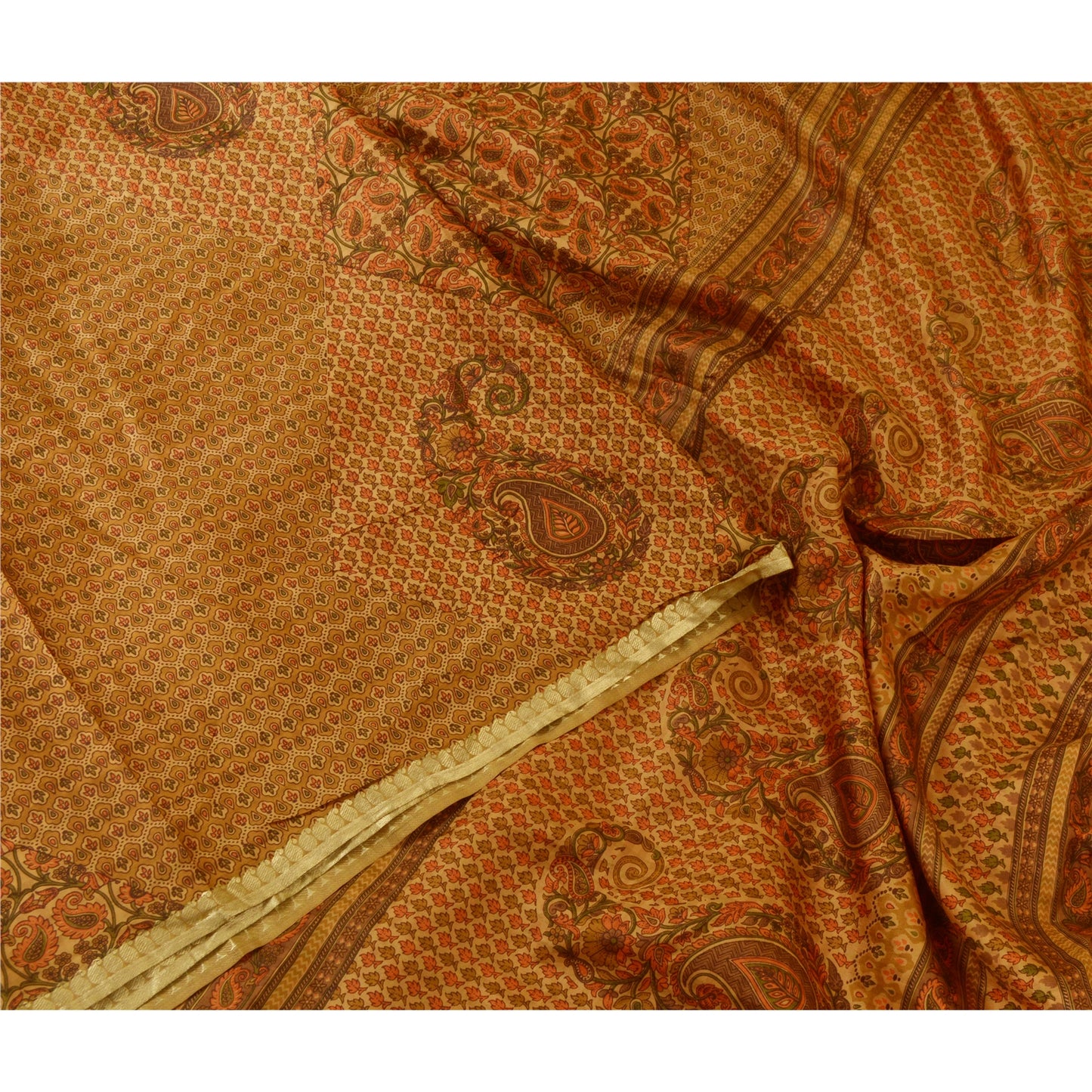 Sanskriti Vintage Sarees Saffron Zari Border Pure Silk Printed Sari Craft Sustainable Fabric