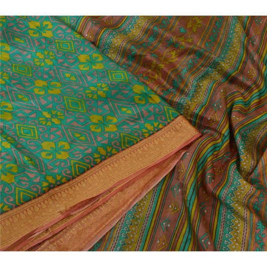 Sanskriti Vintage Sarees From India Green Printed Pure Silk Sari Craft Sustainable Fabric