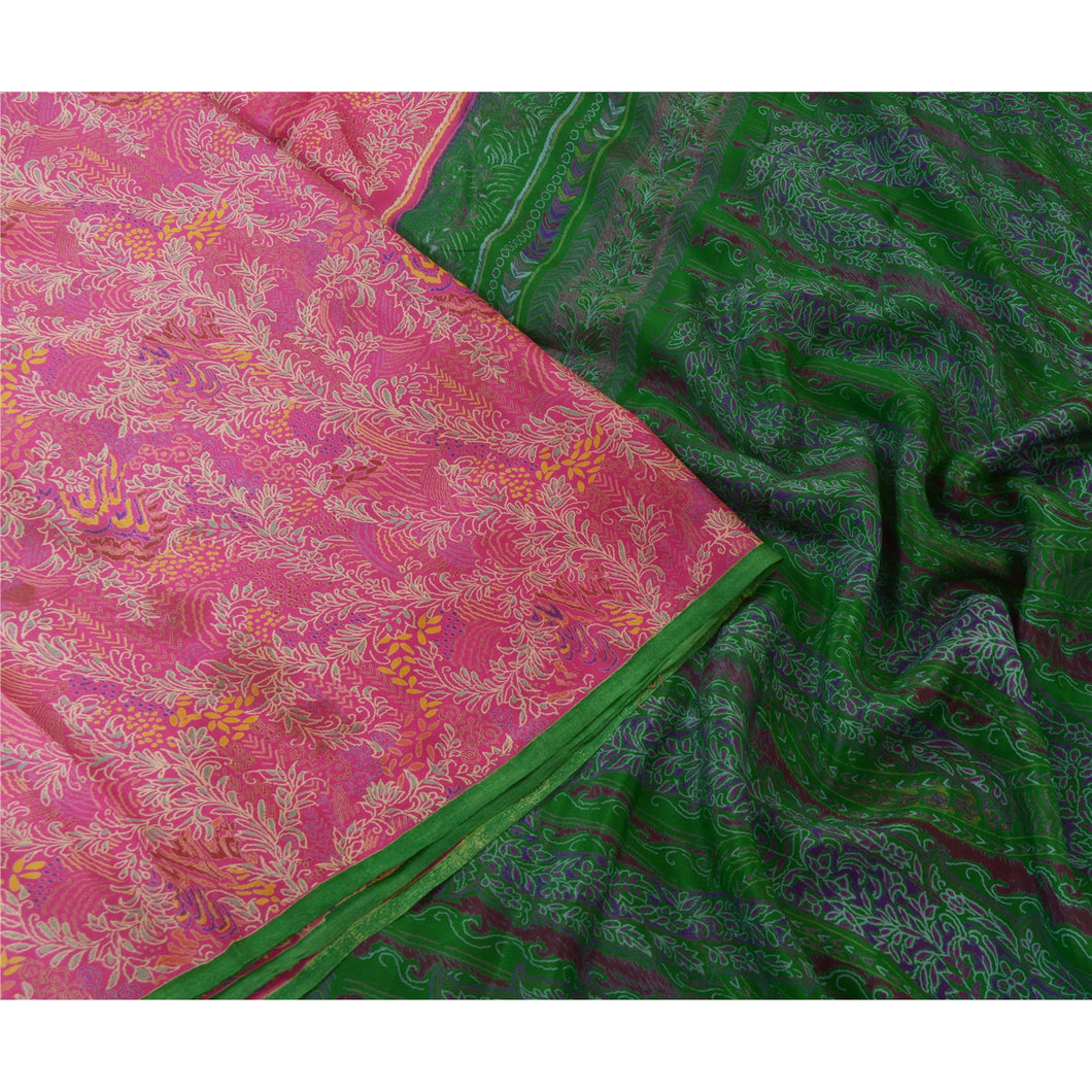 Sanskriti Vintage Sarees Indian Pink/Green Pure Silk Printed Sari Craft Fabric