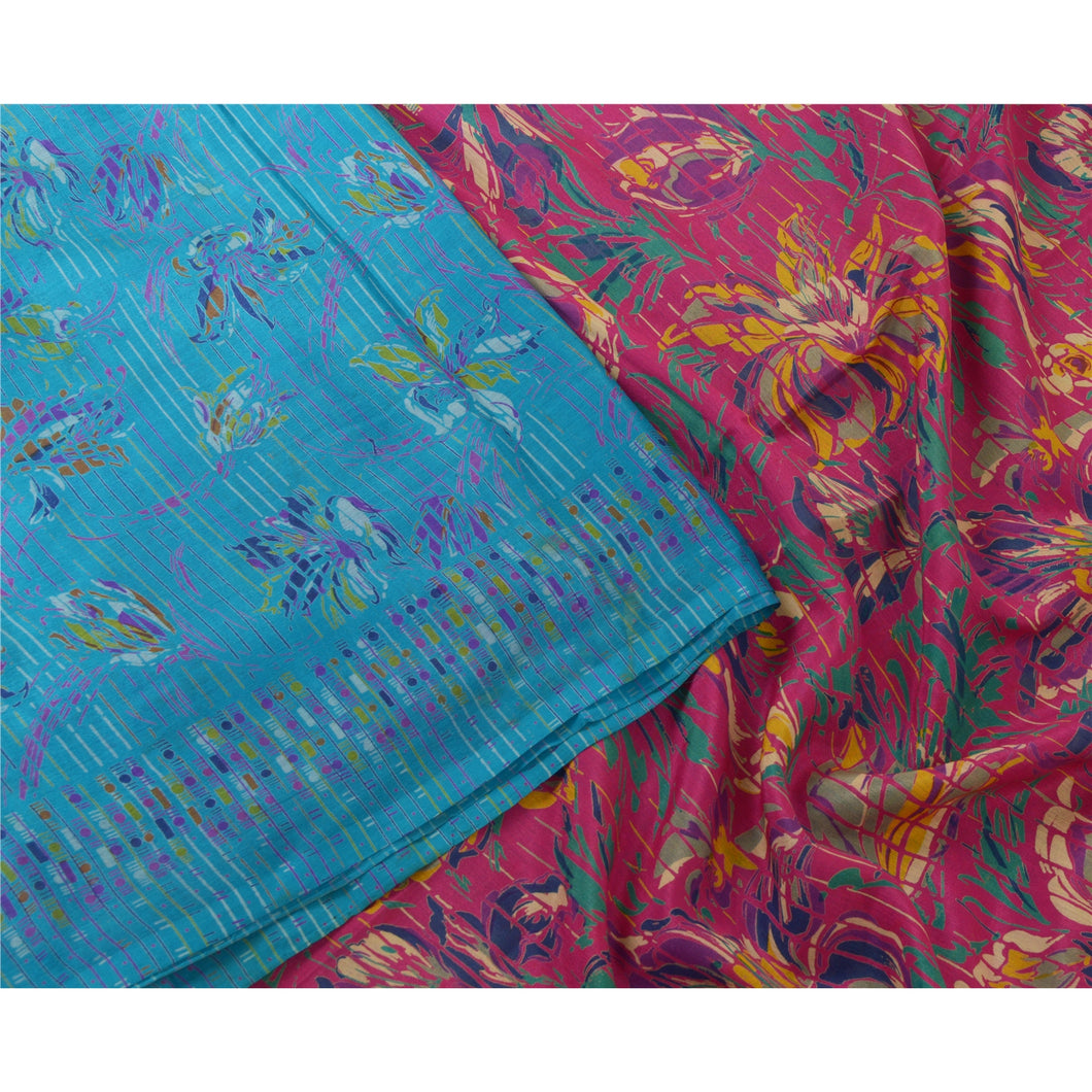 Sanskriti Vintage Sarees Blue/Pink Pure Silk Printed Sari Floral Craft Fabric