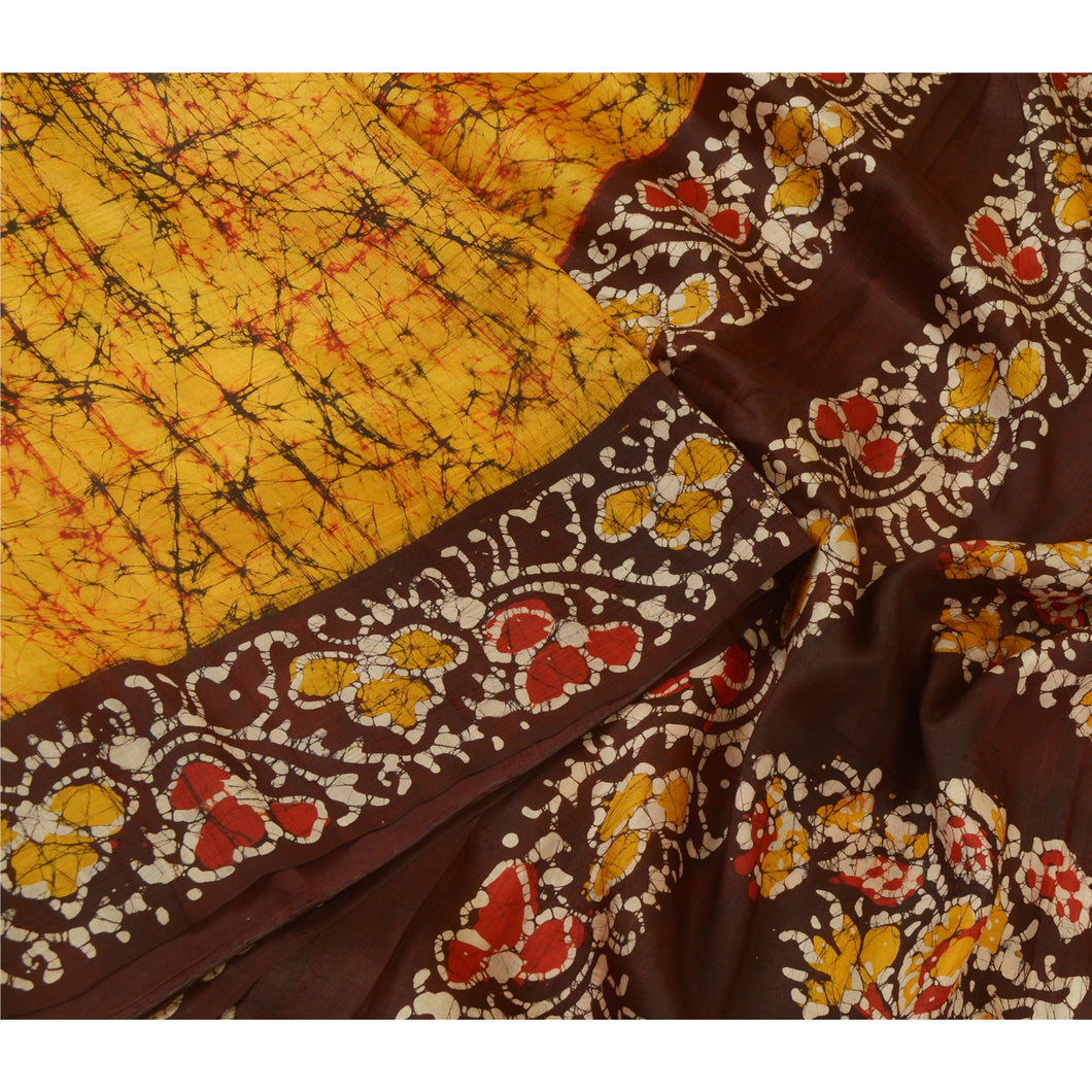 Sanskriti Vintage Sarees Yellow/Brown Batik Printed Pure Silk Sari Craft Fabric
