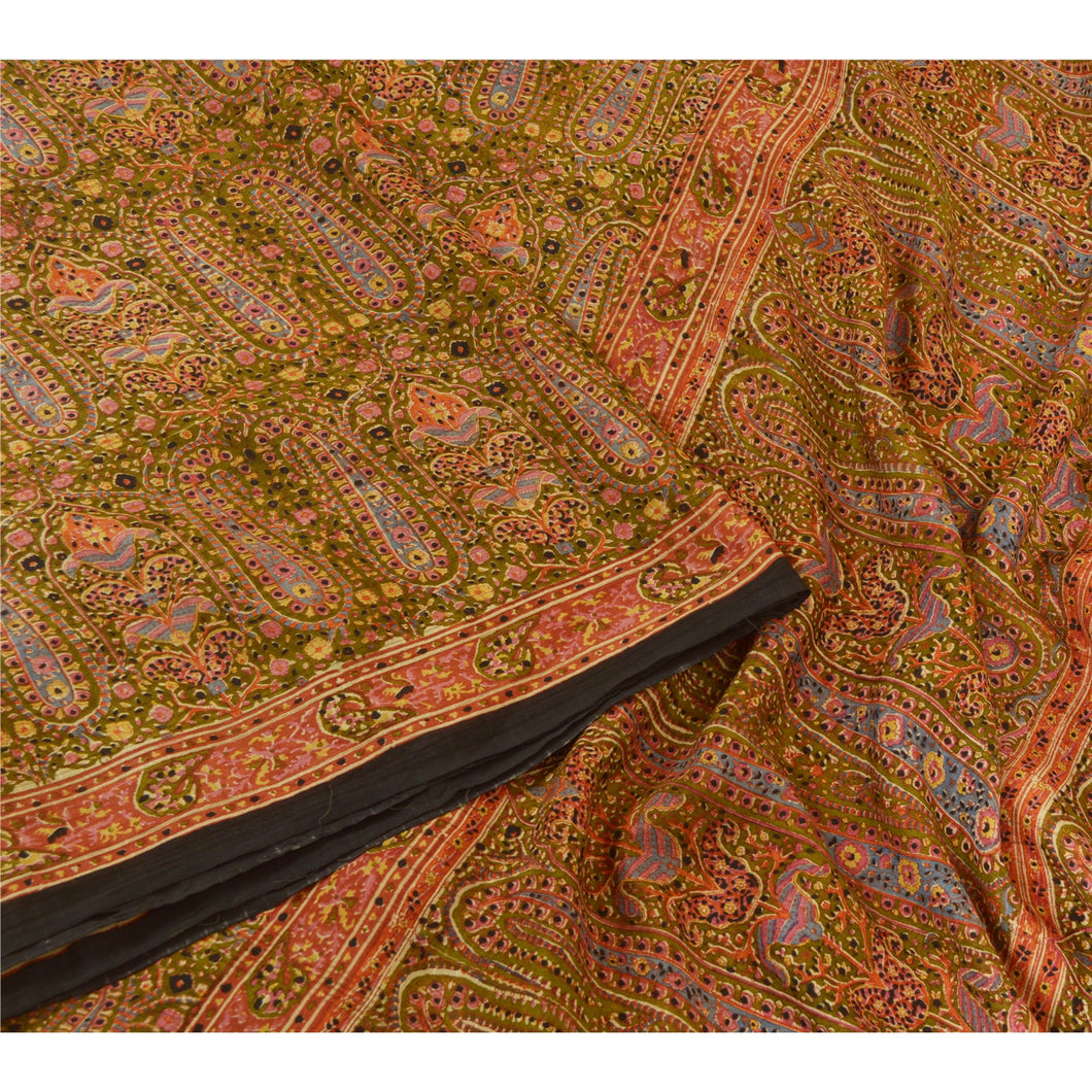 Sanskriti Vintage Sarees Indian Green Pure Silk Printed Sari Floral Craft Fabric