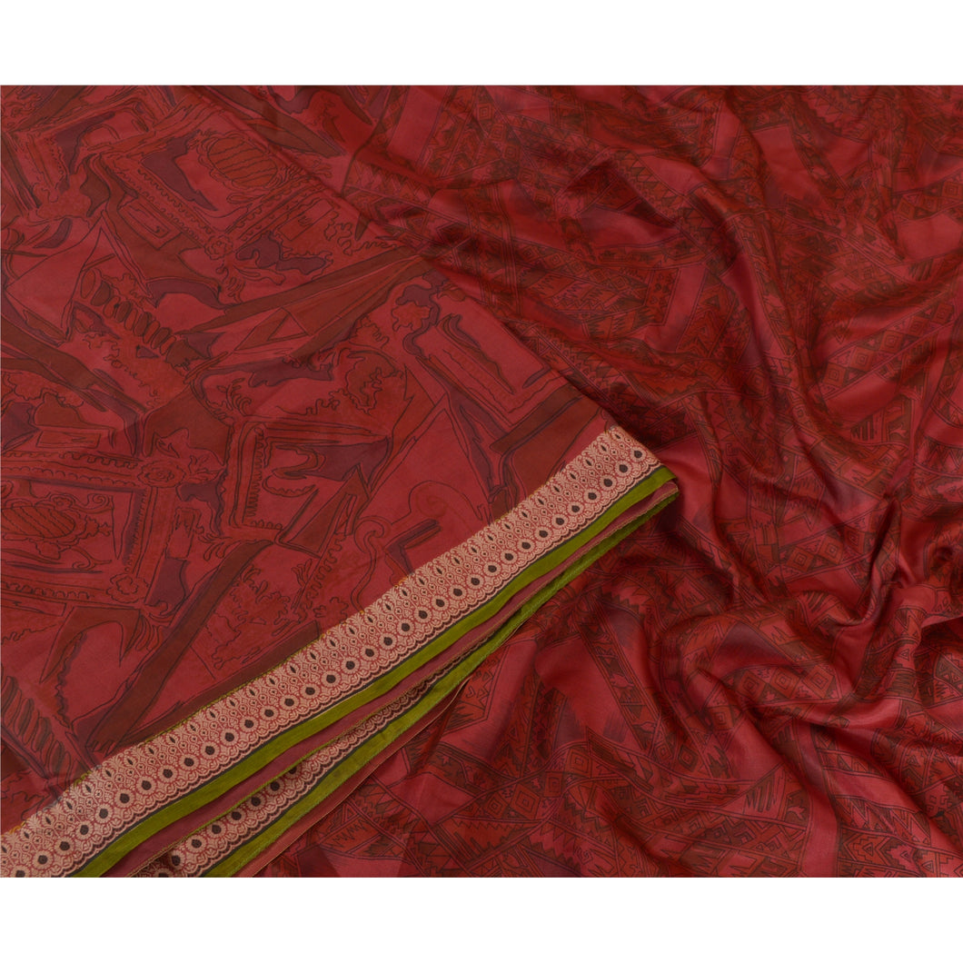 Sanskriti Vintage Sarees Dark Red 100% Pure Silk Printed Sari 5yd Craft Fabric