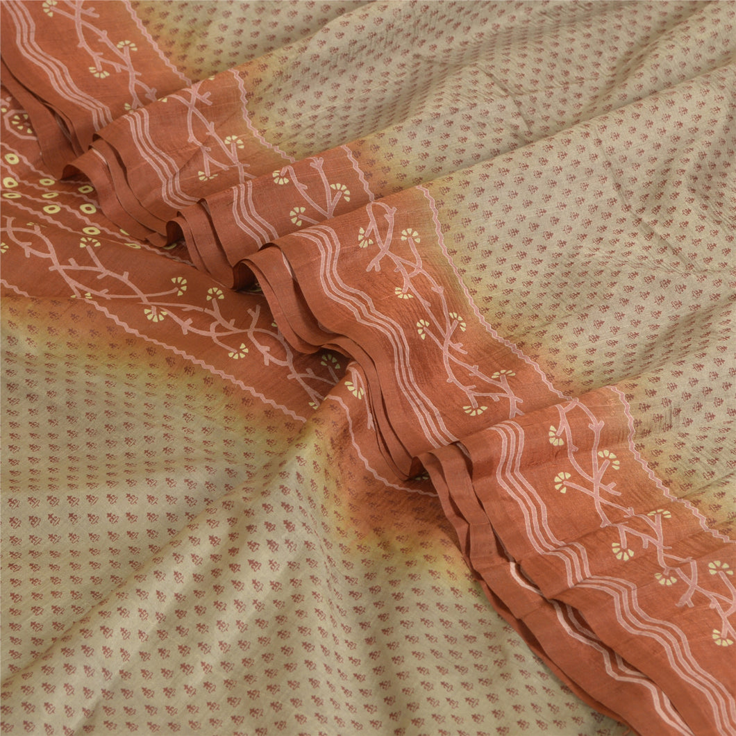 Sanskriti Vintage Sarees Indian Gray/Orange Printed Pure Silk Sari Craft Fabric